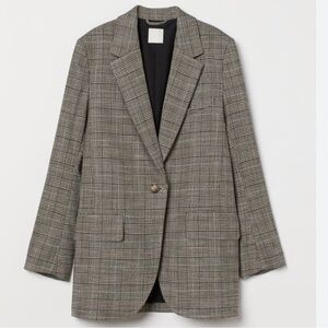 H&M Oversized Single Breasted Dark Gray Checkered Long Sleeve Blazer Size Small